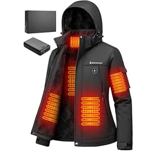 Brimekey Beheizbare Fleece Jacke Damen mit 20000mAh Akku, Wasserdichte & Winddichte Beheizte Skijacke Kapuze mit 6 Heizzonen & 3 Stufen, Heizjacke für Skifahren, Snowboarden, Wandern, Wintercamping
