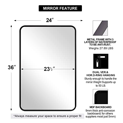 Image of ANDY STAR 24x36'' Black Bathroom Mirror Over Sinks, Rounded Rectangle Mirrors for Bathroom Vanity Tube Metal Framed Wall-Mounted Vertical /Horizontal for Home Remodel