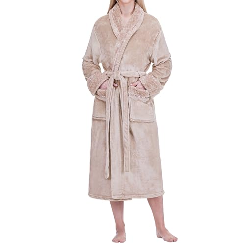 PAVILIA Soft Plush Women Fleece Robe, Taupe Light Brown Cozy Bathrobe, Female Long Spa Robe, Warm Housecoat, Satin Waffle Trim, S/M