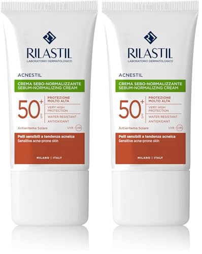 Rilastil - Acnestil Sun System, Protector Solar SPF50+ Sebonormalizante, con Azeloglicina, Niacinamida, Vitamina E y Glicirricinato Dipotásico, Protege y Calma, para Pieles Mixtas y Grasas - 40 ml