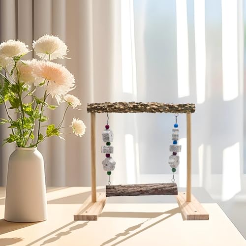 Image of Oooct Bird Swing Toy, Wooden Parrot Perch Stand with Calcium Stone Chewing Toys, Bird Hammock, Cage Accessories for Parakeets, Cockatiels, Conures, Budgie, Lovebird, Grey