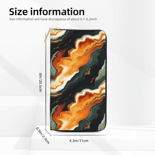 Leather Thin Slim Wallets for Women & Men - Orange-Green Marble Print Card Wallet Holder with Zipper2