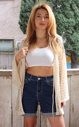 Angashion Women's Crochet Cardigan Sweaters Lightweight Knitted Long Batwing Sleeve Hollow Out Tie Front Boho Beach Cover Up2