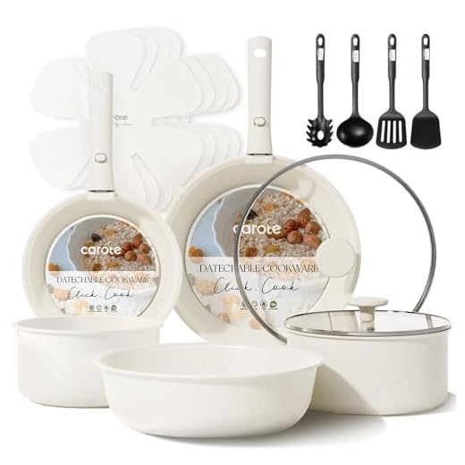 CAROTE Pots and Pans Set Non Stick, Cookware Sets, 11pcs Kitchen Set, Oven/Fridge Safe, Space Saving Pots Set, Nonstick Set with Versatile Removable/Detachable Handle, Induction RV Set, Cream White