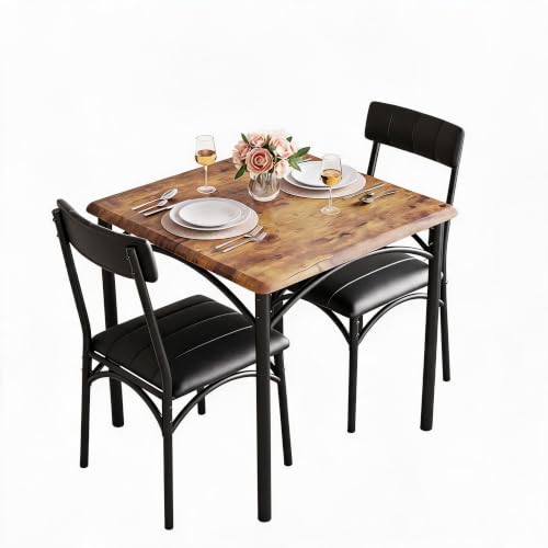 GarveeMore Ensemble Salle à Manger 3 pièces Compact – Table carrée Bois et métal avec 2 chaises rembourrées – Idéal Petit Espace, Appartement,...