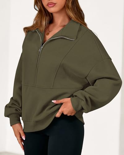 KIRUNDO Sweatshirt for Women 2026 Fall Half Zip Pullover Oversized Fleece Mock Neck Hoodies Fashion Outfits Winter Clothing(Army Green, Medium) — view 3