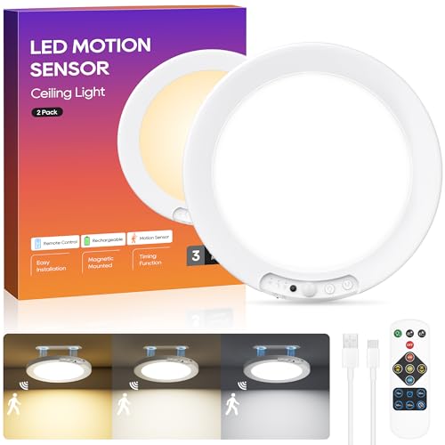 Image of Rechargeable Motion Sensor Ceiling Light, 8000mAh Battery Operated Ceiling Lights with Remote, Magnetic Wireless Closet Light, 3 Color Dimmable LED Lights for Closet Shower Pantry Shed Hallway Stairs