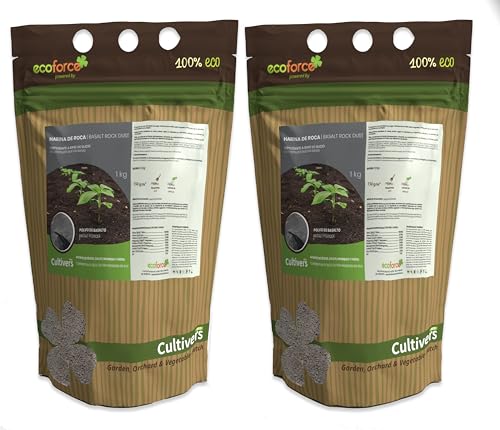 CULTIVERS Harina de Roca de Basalto 2x1kg | Fertilizante Mineral con Silicio 46%, Hierro 12%, Calcio 11% y Magnesio 9% | Abono Ecológico para Suelo y Aporte de Microelementos