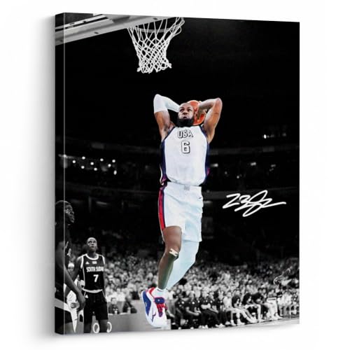 NBA Canvas Wall Art Decor - LeBron James Iconic Dunk for Team USA Basketball Olympic Moment Patriotic Sports Poster for Home or Game Room Wall Decoration 8X10
