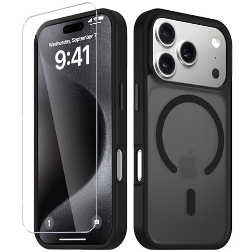 Image of YENAPOON for iPhone 17 Pro Case, Matte Magnetic Phone Cover [with 1 Screen Protector] [Support for MagSafe] [Shockproof Military Grade Protection] Translucent Frosted Back, Black