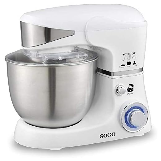 SOGO 14520 Robot de Cocina Orbital Multifunción - Amasa, Bate, Mezcla, Monta y Emulsiona, Con bol giratorio de acero Inox 5 litros y tapa anti salpicaduras, 6 velocidades + Turbo, Sin BPA 1000W Blanco