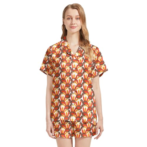 Image of Funny Pajamas for Women Set Print Satin Loungewear Pjs Short Sleeve Button Down Top and Shorts Sets Sleepwear XS-3XL