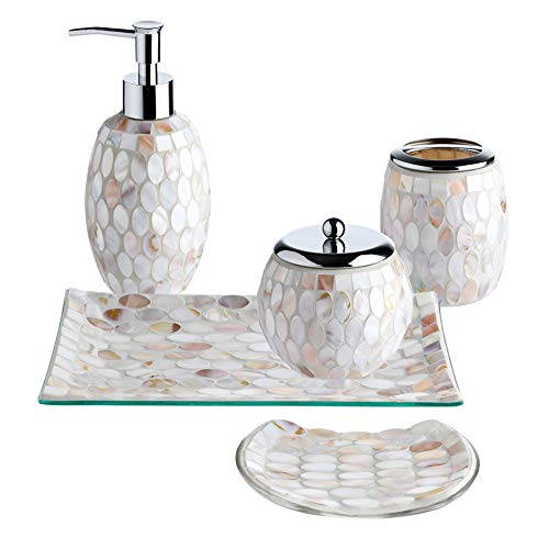 WHOLE HOUSEWARES | Bathroom Accessory Set | 5-Piece Decorative Glass Bathroom Accessories Set | Soap Dispenser, Tray, Jar, Toothbrush Holder | Elegant Pearl Mosaic Glass (Pearl)