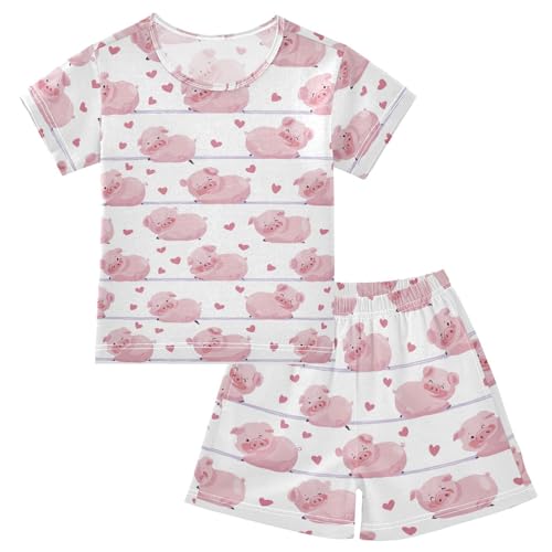 Vdsrup Cute Pigs Hearts Summer Pajamas Set Short Cotton Pink Sleepwear 2 Piece Unisex 5Y