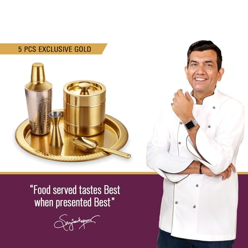 Image of Sanjeev Kapoor Stainless Steel 5pcs Bar Tool Set-1 Bar Tray - 16 inch,1 Cocktail Shaker - 33oz /1000 ml,1 Ice Bucket - 1.5 L Double Wall,1 Ice Scoop - Hollow Handle &1 Peg Measure - 30 /60 ml(Gold)
