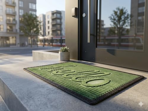 Image of Heavy Duty Front Door Mat 2x3 Feet, Outdoor Indoor Welcome Mat, Non Slip Dirt Trapper Entrance Rug for Entryway, Patio & Porch,Washable Low Profile Hello Mat (Green Hello 2 x 3 Feet)