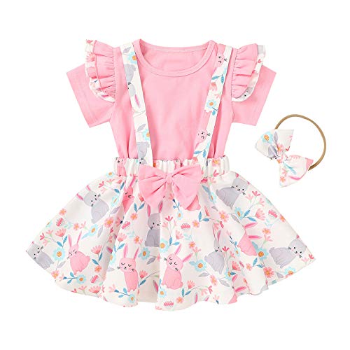 Toddler Girls Summer Flower Dress,Easter Kids Baby Girls T-Shirt Tops+Rabbit Floral Bow Suspender Skirts Pink