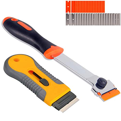 Razor Blade Scraper, 2 PCS Razor Scraper Tool Set Retractable Scraper and Long Scraper with 40 Extra Pieces Blades for Glass Windows Cooktop Sticker Tint Labels