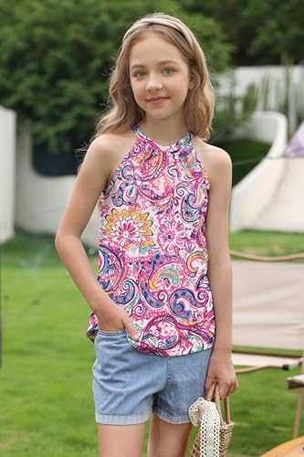 Image of BesserBay Girls Summer Back Button Halter Neck Tank Top Cold Shoulder Casual Blouse Pleated Sleeveless Shirts 5-14 Years
