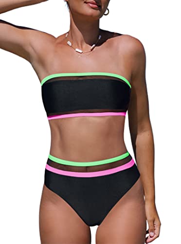 Hilinker Women's Mesh Patchwork Bandeau Bikini Color Block Swimsuit 2 Piece Bathing Suit