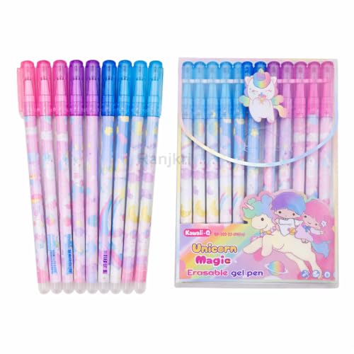 Image of 12 Pcs Unicoorn Theme Erasable Gel Pens Set for Kids & Students | 0.5mm Smooth Writing Blue Ink | Cute Kawaii School Stationery | Write Erase Rewrite Pens with Storage Box for School