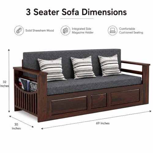 Image of Douceur Furnitures Solid Sheesham Wooden 3 Seater Sofa Cum Bed with Mattress,Cushions & Side Pockets,Wood Foldable Convertible Sofa 3 Seater Diwan Cum Bed for Living Room & Office|Walnut Finish