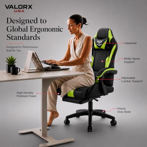Image of Warrior Edition Gaming & Office Ergonomic Chair | Vegan Leather | High Back 135 Recliner | Adjustable Height & Linkage Armrest | Lumbar Support | 360 Swivel | 3 Year Warranty, Neon Green