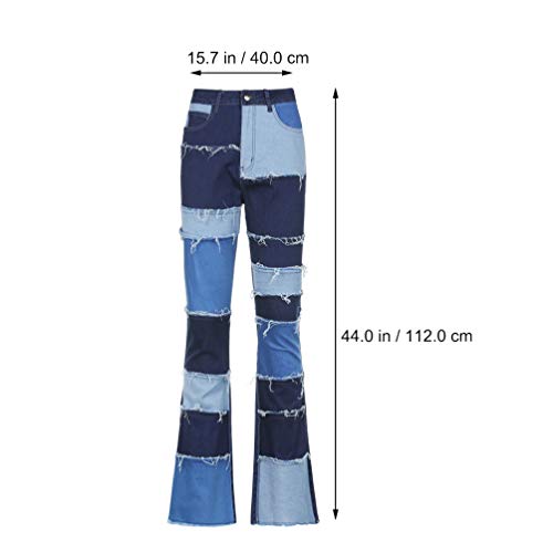 Calça jeans feminina de cintura alta SOIMISS com aplique flare e cintura alta com calça de sino, Azu