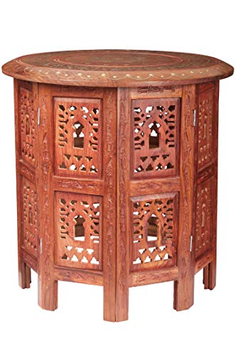 Marokkanischer Tisch Beistelltisch aus Holz Caglanur Braun ø 45cm groß rund | Orientalischer runder Hocker Blumenhocker… – Bild 3