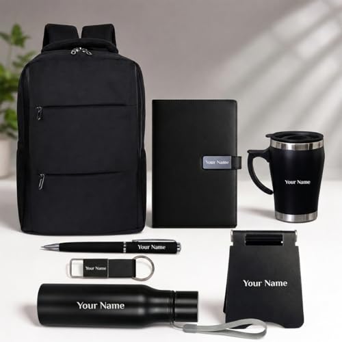 Image of Giftana 7 in 1 Backpack with Personalized Diary, Pen, Keychain, Mobile Stand, Coffee Mug & Water Bottle 750ml Gift for Men & Women, Diwali Corporate Gift for Employees (Black)