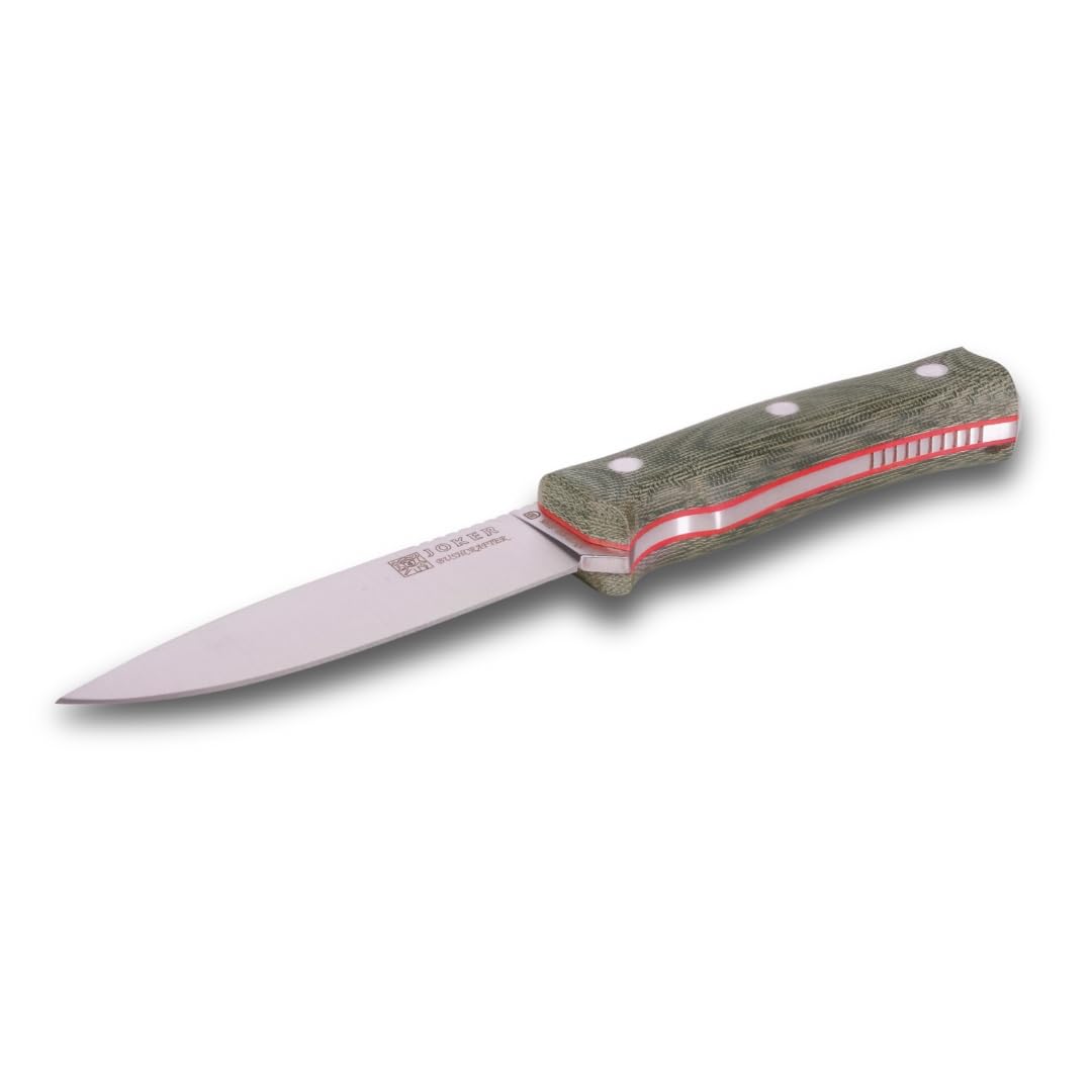 Joker Bushcraft-Messer Bushcrafter CV120, Micarta-Griff, 10,5 cm Klinge aus Böhler N695 Stahl, mit schwarzer Lederscheide und Parakord 550, Werkzeug zum Fischen, Jagen, Camping und Wandern