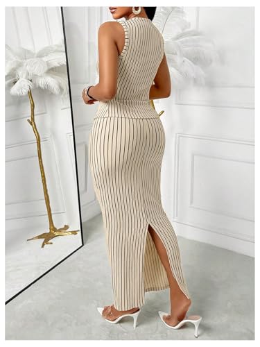 SOLY HUX Women's 2 Piece Business Casual Outfits Striped Button Up Vest and Bodycon Maxi Skirt Set2