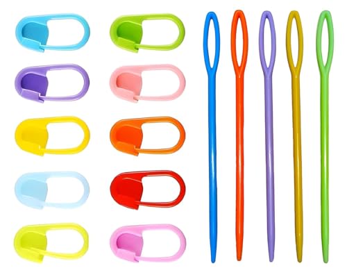 Image of QALAM Kaari Plastic Locking Knitting Crochet Stitch Markers (10 Pcs, Multicolor) + Colourful Large Eye Plastic Sewing Yarn Needles Cross Wool Weave Stitch Crochet Needles (5 pcs)