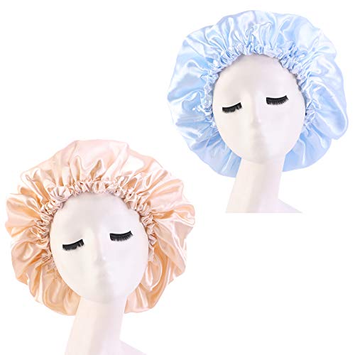 Cospack Satin Shower Caps Waterproof Extra Large Adjustable Durable Double Layers(Blue+Khaki)