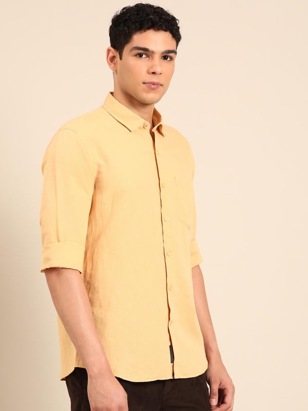 Image of Linen Club Men's Pure Linen Olive Solid Contemporary Fit Full Sleeve Casual Shirt