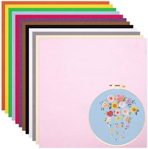 12 Sheets 12 Colors Embroidery Fabric, Pre-Cut Natural Cotton Embroidery Cloth Fabric, Embroidery Cloth Squares for Embroidery Garment Craft (5.9×5.9Inch)