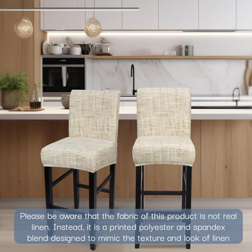 Image of SearchI Bar Stool Covers Set of 2, Stretch Washable Barstool Seat Covers, Counter Height Chair Covers for Kitchen Dining Room Cafe (Beige Linen-Look Print)