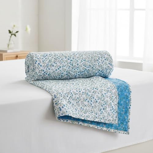 Image of HOMEMONDE 100% Cotton Reversible Dohar Double Bed Size | AC Blanket Comforter | Soft Lightweight Bed Blanket Quilt (84 x 94 Inch, Turquoise & White, Pack of 1)