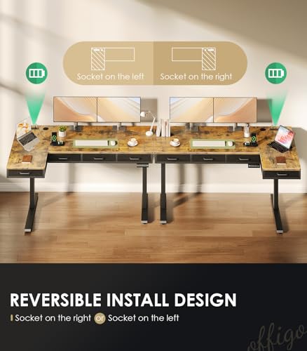Image of OffiGo 63 Inch L Shaped Electric Standing Desk with 4 Drawers, Rustic Brown | Reversible Corner Table, Office Desk With 4 Drawers and Outlets For Home Office, Computer Workstation And Sit Stand Use