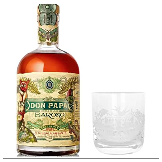 Don Papa Baroko Rum (0,7 L) 40% + drei Original Don Papa Gläsern (Tumbler)