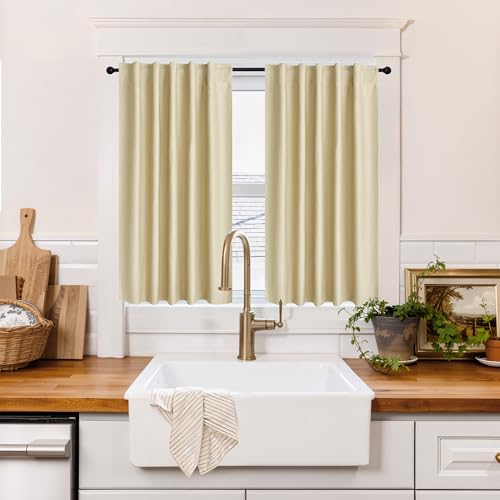 Image of RYB HOME 100% Blackout Short Curtains for Small Window, Thermal Insulated Noise Reducing Back Tab Curtains for Nursery Bathroom Basement, 34 inches Wide by 45 inches Long, Biscotti Beige