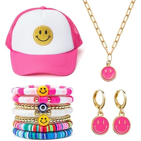 PANTIDE 11 Preppy Jewelry Heishi Surfer Bracelets Smile Hat Y2K Kidcore Earrings Necklace Colorful Beaded Stretch Bracelets Evil Eye Boho Disc Bracelets Aesthetic Summer Beach Jewelry for Women Girls Cover