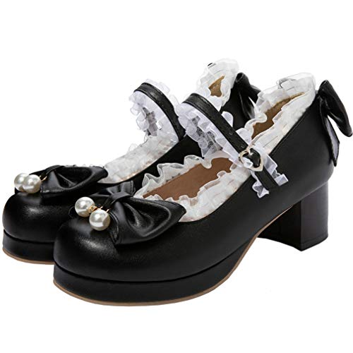 Image of LUXMAX Women Kawaii Mid Block Heel Mary Jane Rockabilly Pumps with Bow Platform Chunky Heel Cute Sweet Shoes