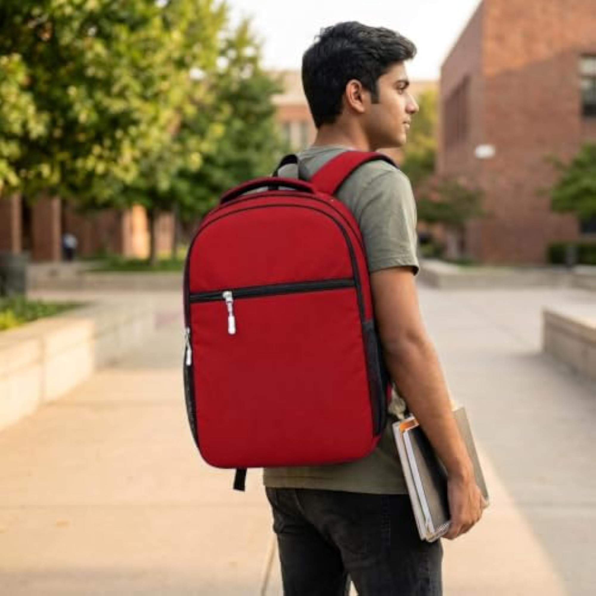 Red Casual Daypack Backpack with Mobile Stand & Keychain