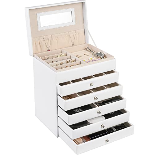 LIFERUN Boîte à Bijoux à 6 Niveaux, Boîte à Bijoux Femme, Coffret Bijoux avec Miroir, Rangement à Bijoux avec Tiroirs pour Colliers, Montres, Bagues, Boucles d'Oreilles, Bracelets (Blanc) Cover