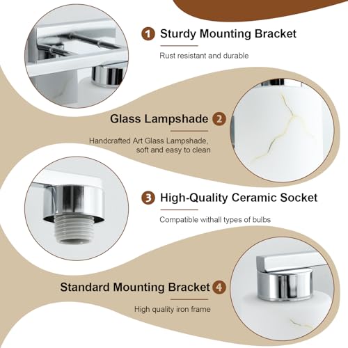 Image of 3-Light Bathroom Light Fixtures, Modern Vanity Lights, Chrome Metal Wall Lamp with White Marble Glass for Bathroom, Mirror, Living Room, Bedroom, Cabinet, Porch, Hallway, E26 Base