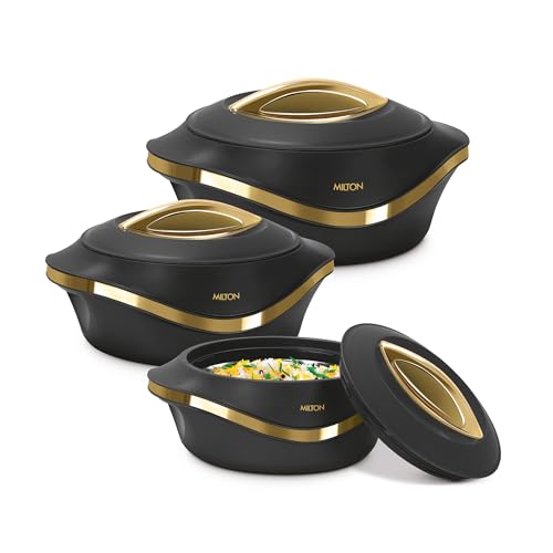 MILTON Pearl Inner Stainless Steel Regular Set of 3 (1000 ml, 1500 ml,2000 Litre), Black | BPA Free | Food Grade | Easy to Carry | Easy to Store | Chapati | Roti | Curd Maker