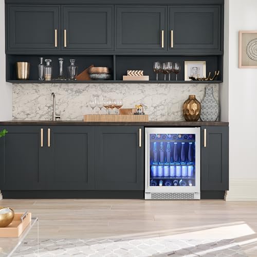 Zephyr Brisas 24" Wine Fridge & Beverage Refrigerator ADA Single Zone Under Counter - Wine Cooler Cellars Small Home Beer Fridge Cabinet Drink Chiller Freestanding with Glass Door - 8 bottles 112 cans