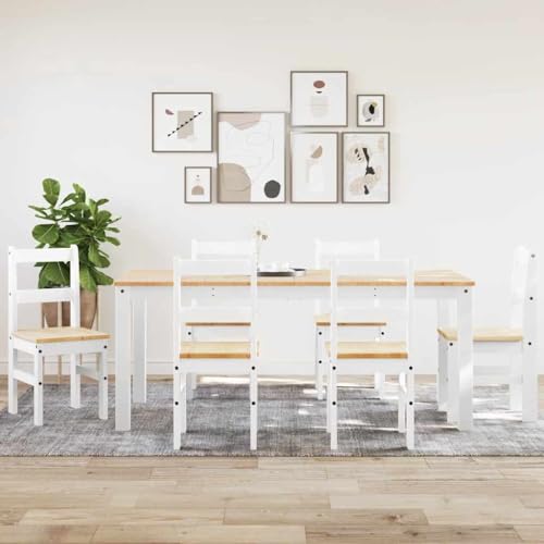 Homgoday Juego de Comedor Panama 7 pzas Madera Maciza de Pino Blanco Conjunto Mesa y sillas de Comedor, sillas Comedor, Set Muebles de Cocina para el Hogar, la Oficina y el Café