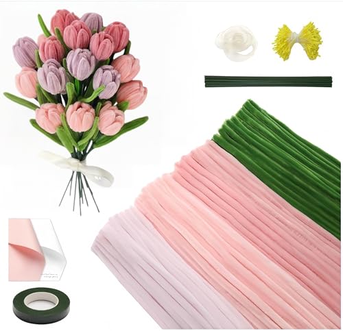 400 stycken rosa piprensare blomset (4 färger), 400 stycken piprengörare för hantverk med 20 gröna blomstavar, tejp, blompapper, presentband och blomstämplar för blommor pyssel & gör-det-själv
